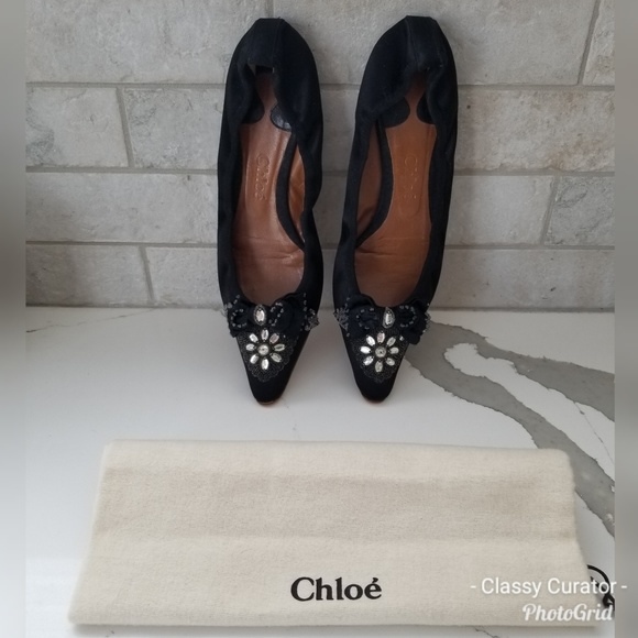 CHLOE black satin jewel point toe ballet flats - Picture 4 of 8